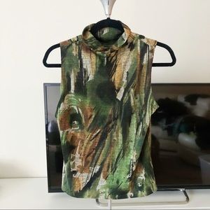 Abbie Mags Forest Green Brown Print Sleeveless Turtleneck Top Shirt Sweater